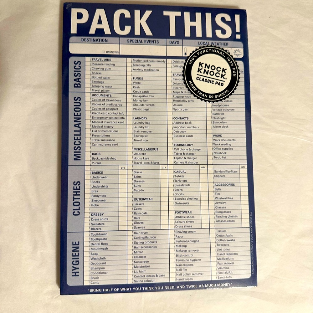 Travel Packing List Knock Knock Classic Pad